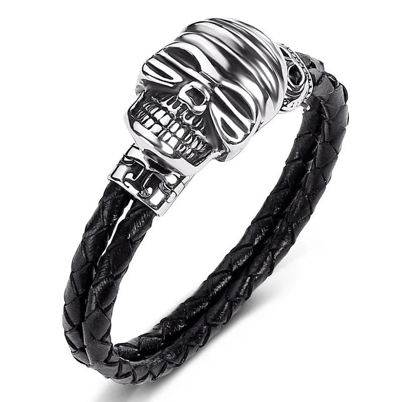 Black Braided Leather Stainless Steel Smiling Skull Bracelet