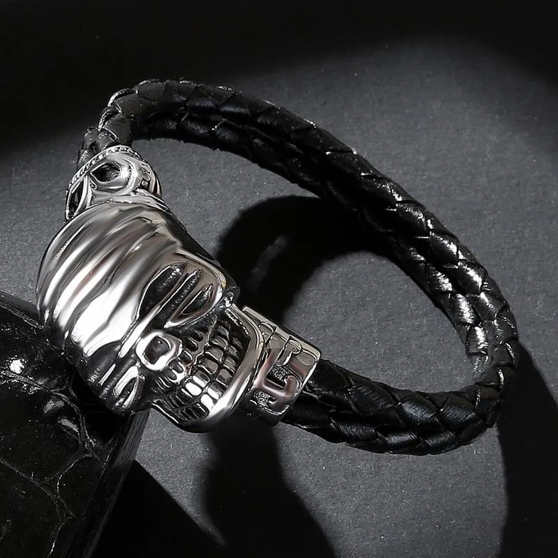 Black Braided Leather Stainless Steel Smiling Skull Bracelet