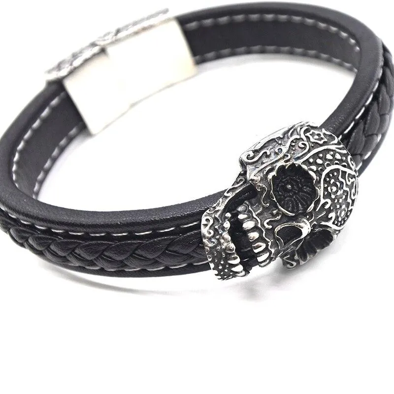 Black Braided Leather Tribal Skull Bracelet