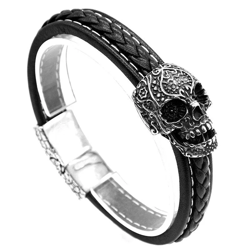 Black Braided Leather Tribal Skull Bracelet