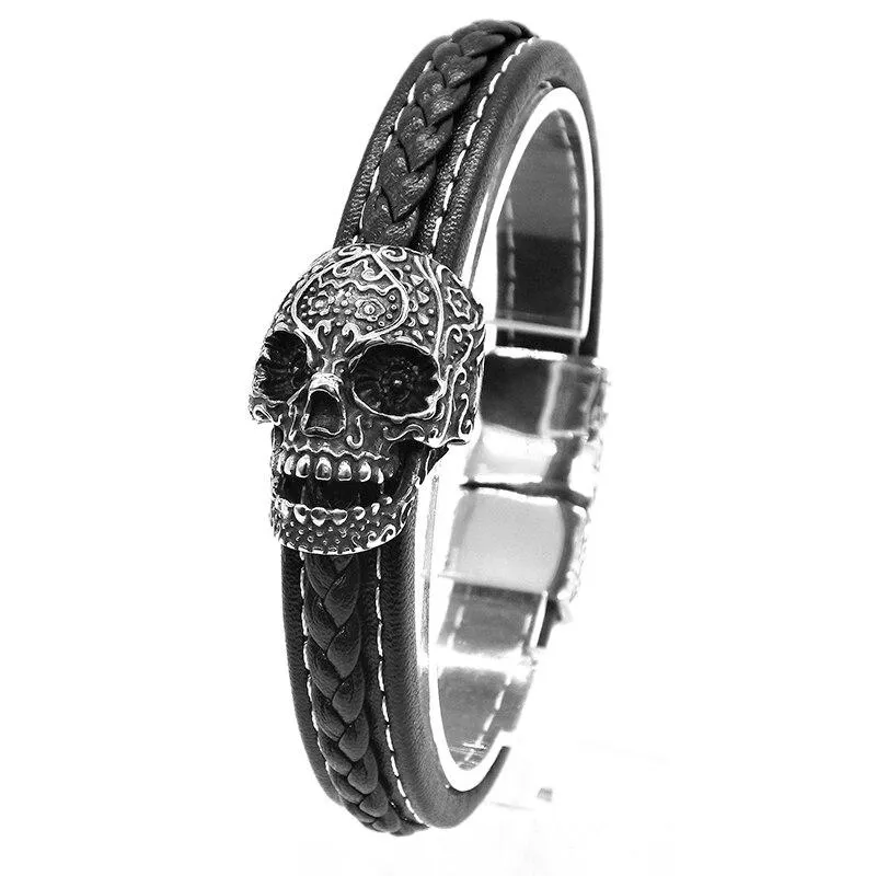 Black Braided Leather Tribal Skull Bracelet