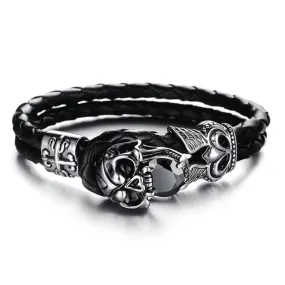 Black Genuine Leather Gothic Skull with Cubic Zirconia Bracelet