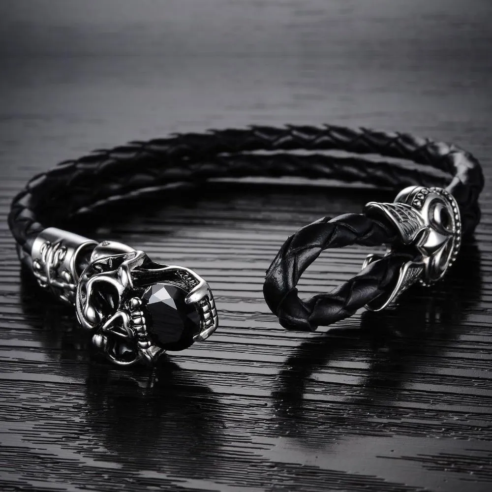 Black Genuine Leather Gothic Skull with Cubic Zirconia Bracelet