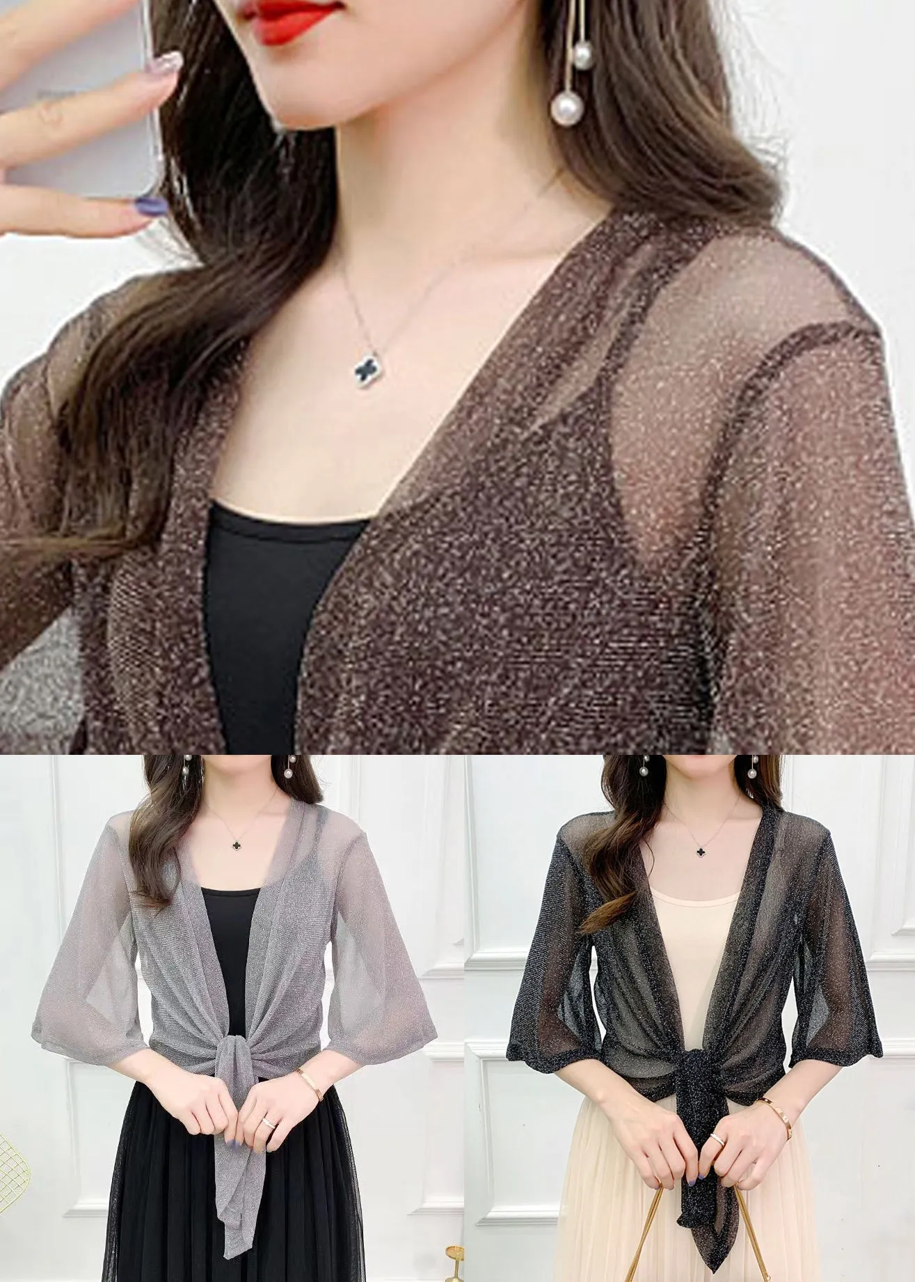 Black Lace Up Thin Tulle Cardigans V Neck Flare Sleeve AS1057