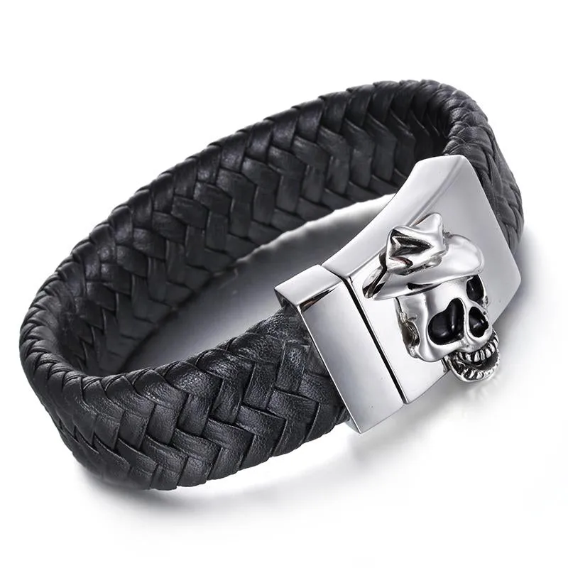 Black Multi-braided Leather Stainless Steel Skull on Cross Bracelet