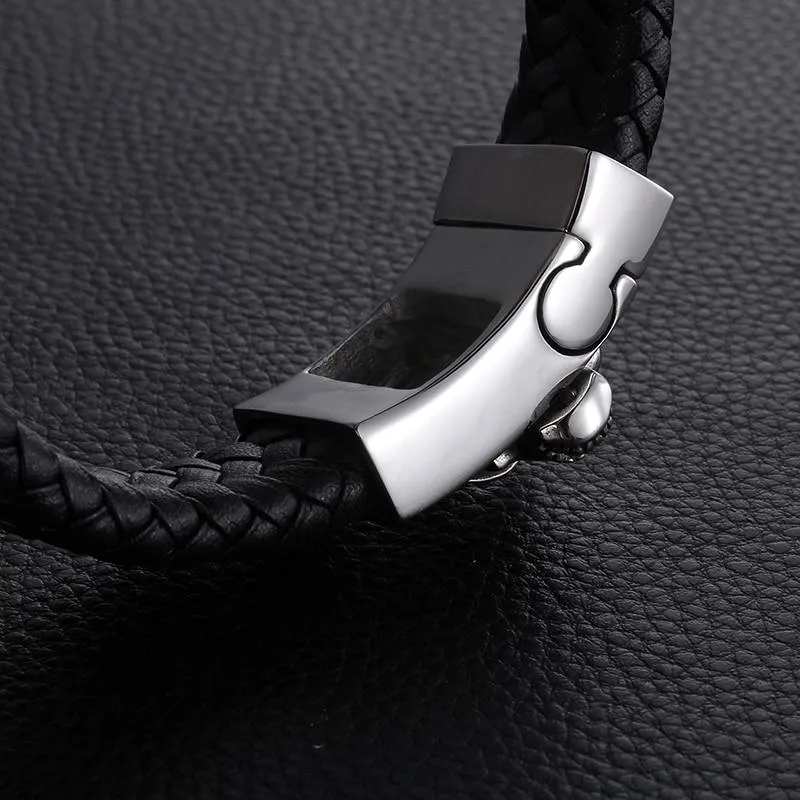 Black Multi-braided Leather Stainless Steel Skull on Cross Bracelet