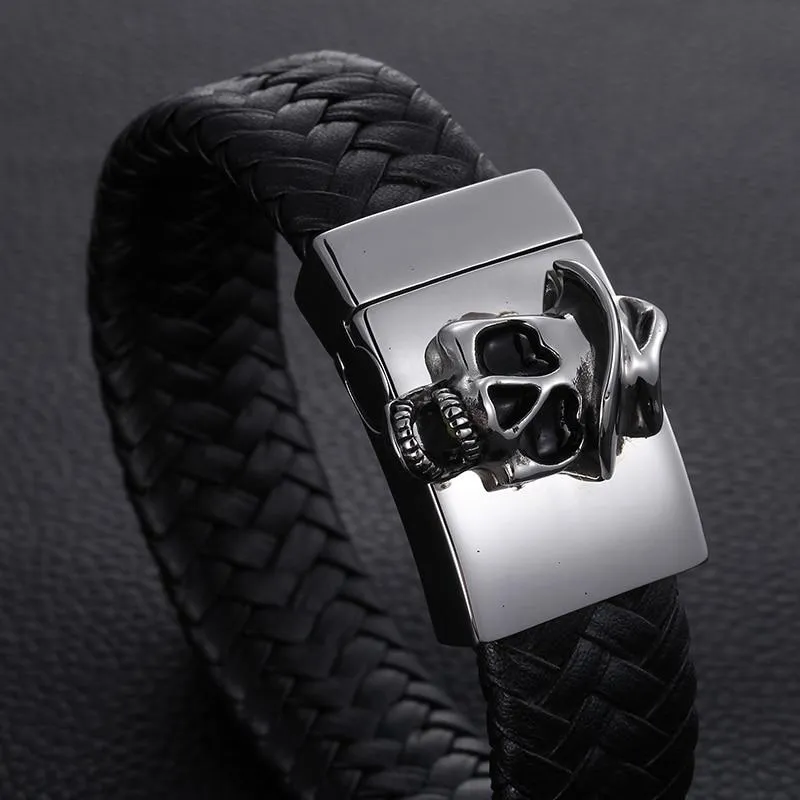 Black Multi-braided Leather Stainless Steel Skull on Cross Bracelet