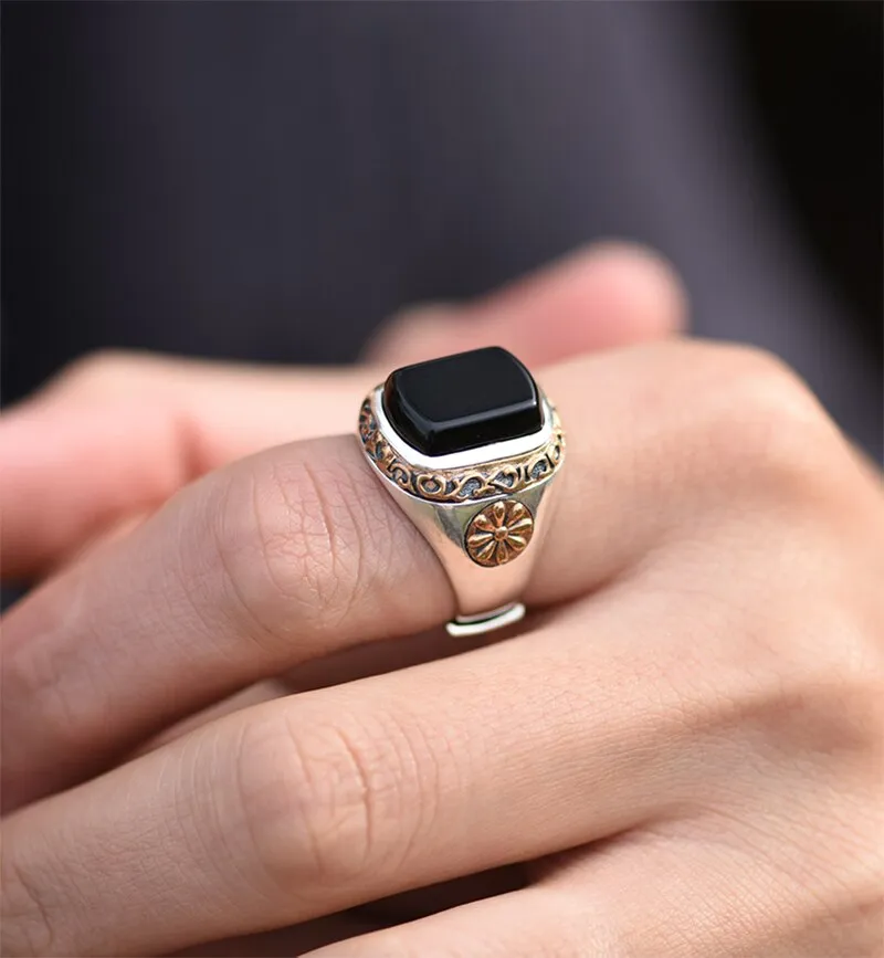 Black Onyx Stone 925 Sterling Silver Adjustable Vintage Ring