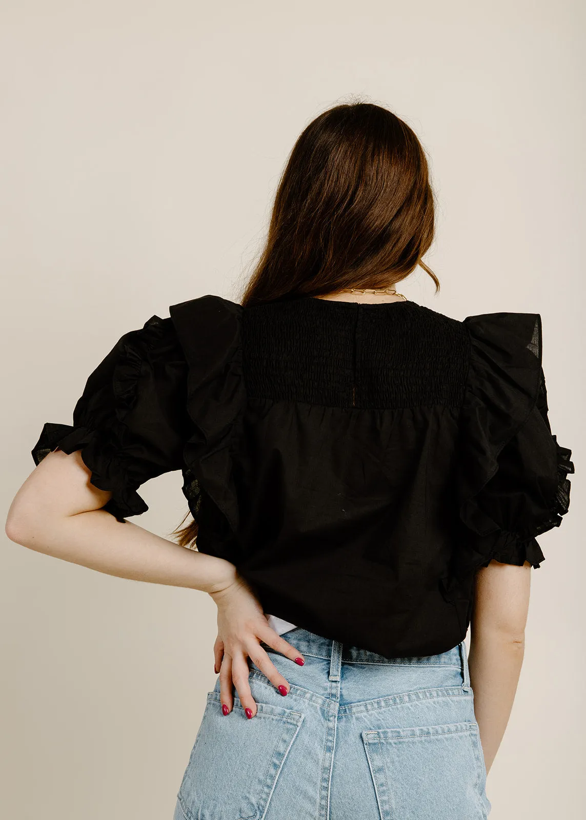 Black Ruffle Puff Sleeve Top