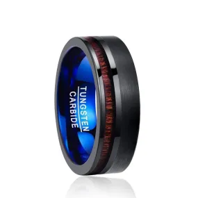 Blue and Brushed Matte Black with Wood Inlay Tungsten Carbide Ring