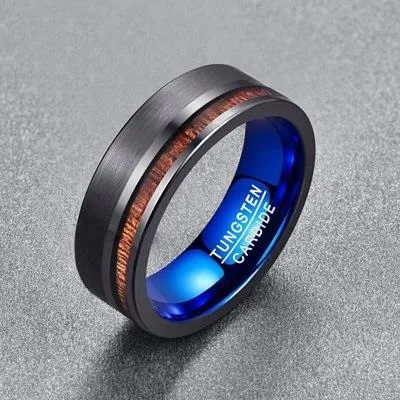 Blue and Brushed Matte Black with Wood Inlay Tungsten Carbide Ring