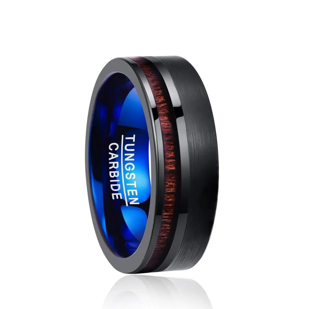 Blue and Brushed Matte Black with Wood Inlay Tungsten Carbide Ring