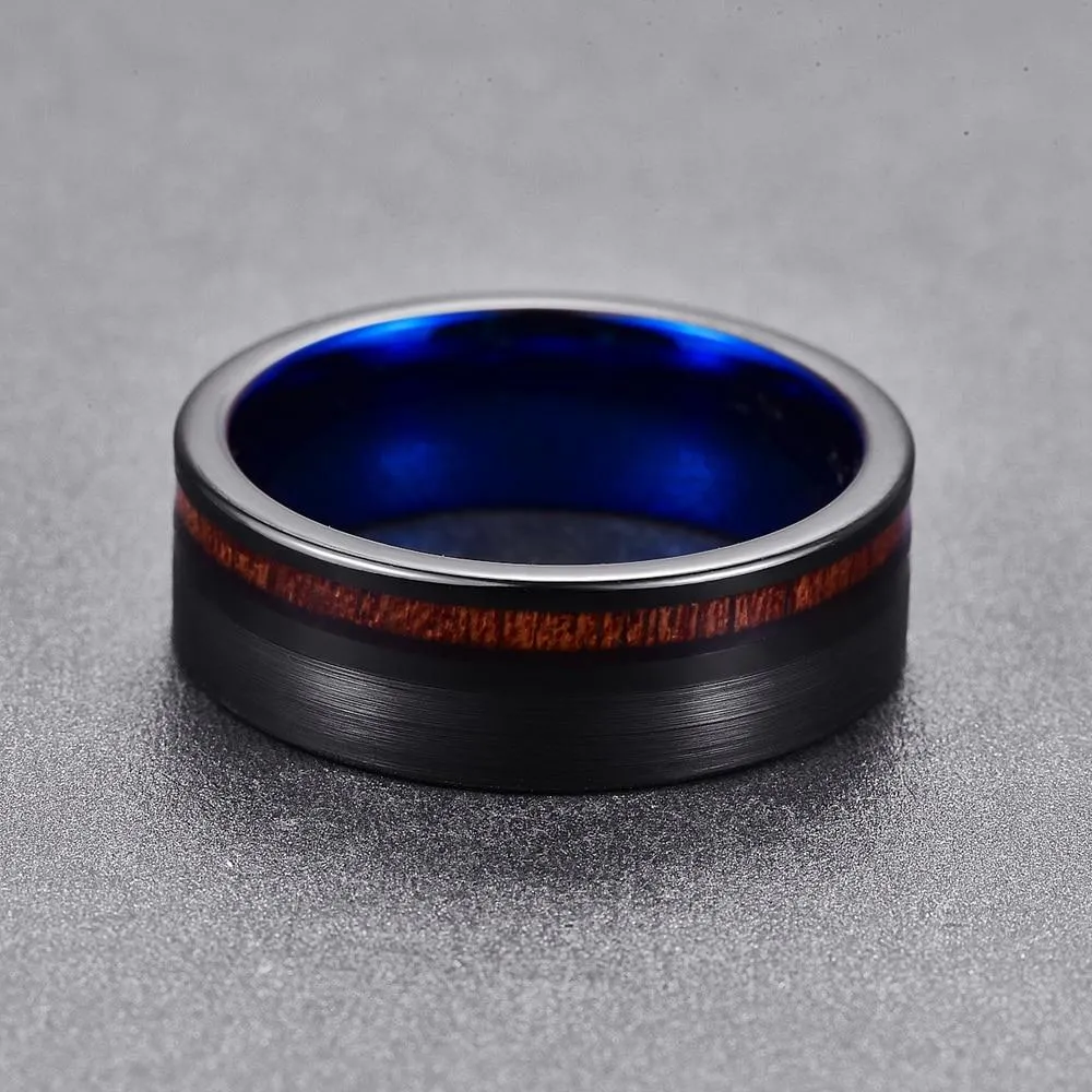 Blue and Brushed Matte Black with Wood Inlay Tungsten Carbide Ring