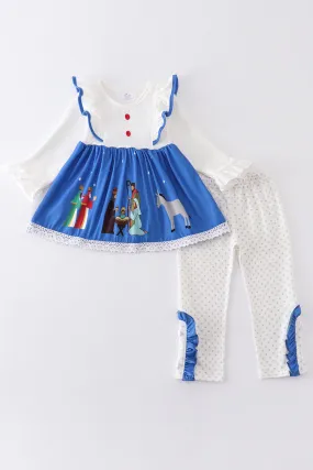 Blue nativity ruffle girl set