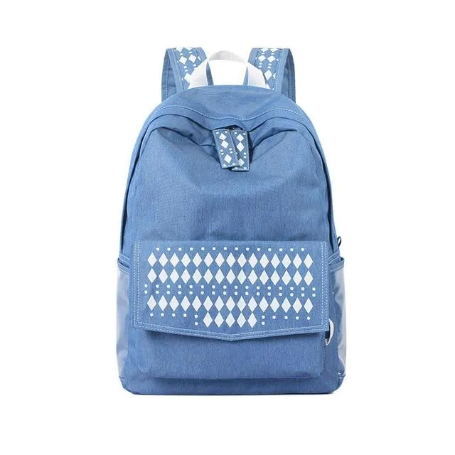 Blue Nylon Denim School Backpack for Teenage Girls