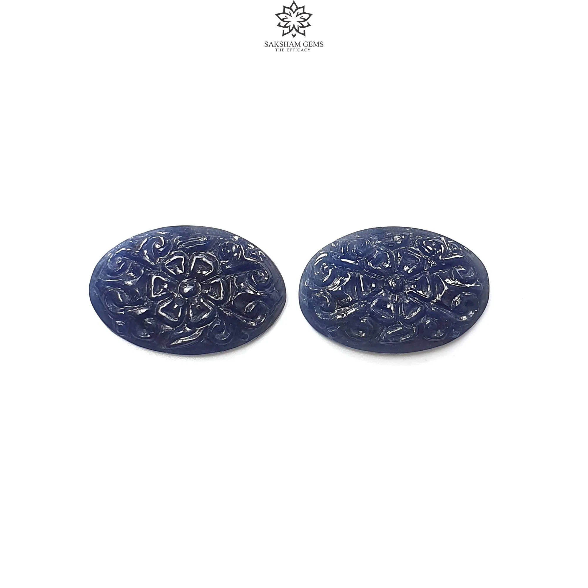 Blue Sapphire Gemstone Carving : 41.90cts Natural Untreated Unheated Blue Sapphire Hand Carved Oval Shape 27*18mm Pair