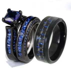 Blue/Black Carbon Fiber Inlay and Blue Cubic Zirconia Stainless Steel Wedding Ring Set