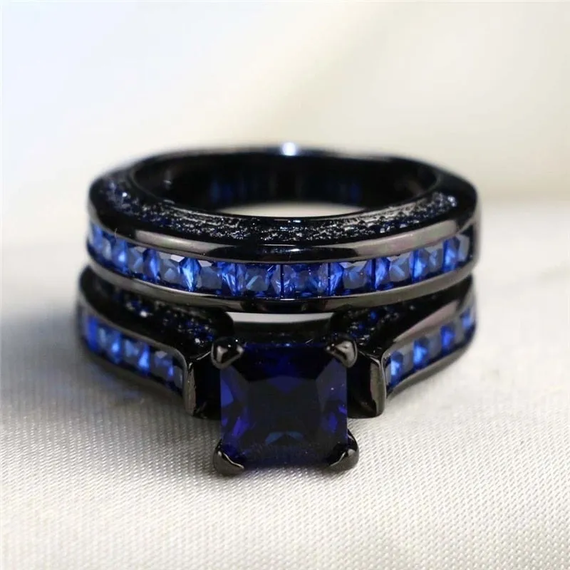 Blue/Black Carbon Fiber Inlay and Blue Cubic Zirconia Stainless Steel Wedding Ring Set