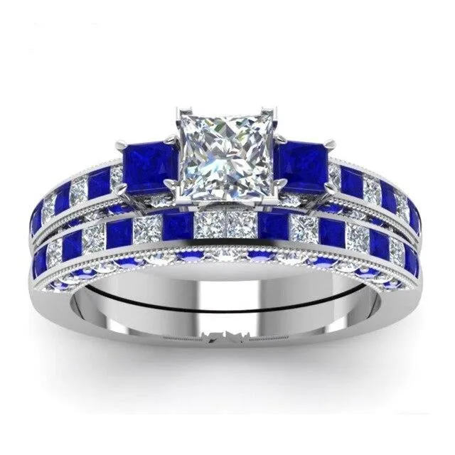 Blue/Silver and White/Blue Rhinestone & Cubic Zirconia Stainless Steel Wedding Bands