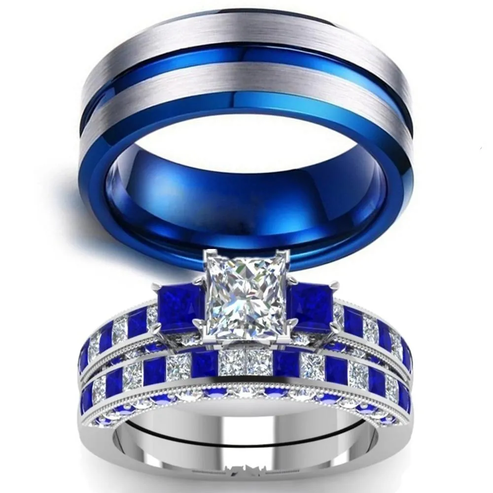 Blue/Silver and White/Blue Rhinestone & Cubic Zirconia Stainless Steel Wedding Bands