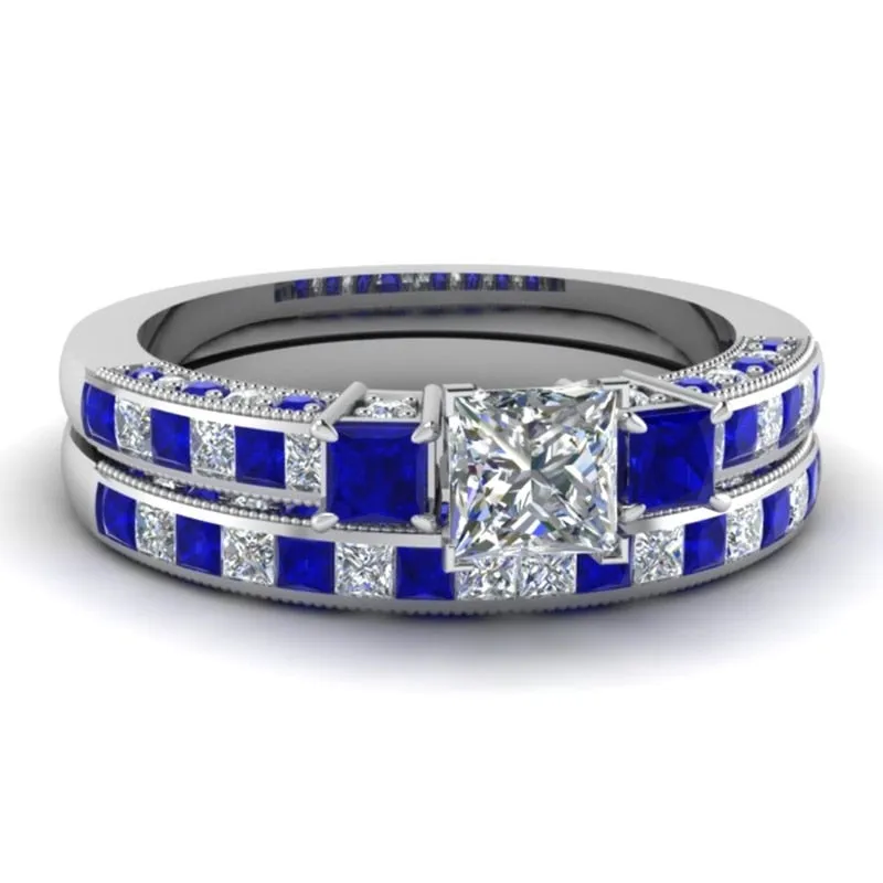 Blue/Silver and White/Blue Rhinestone & Cubic Zirconia Stainless Steel Wedding Bands