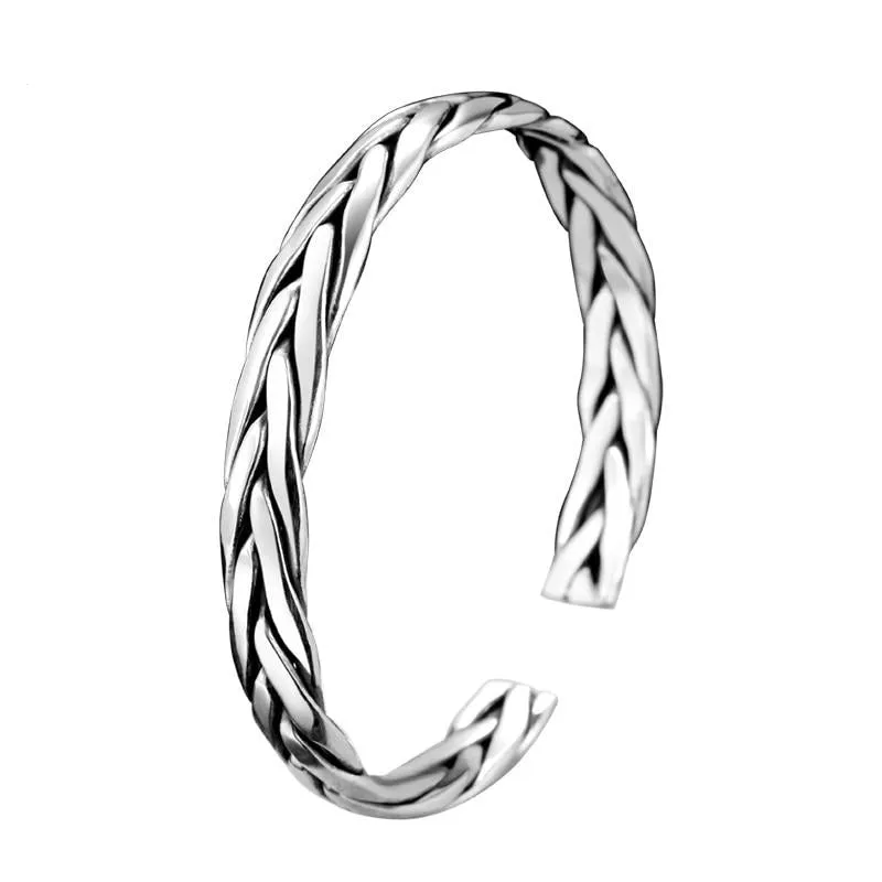 Braided 999 Genuine Silver Retro Open Cuff Bracelet