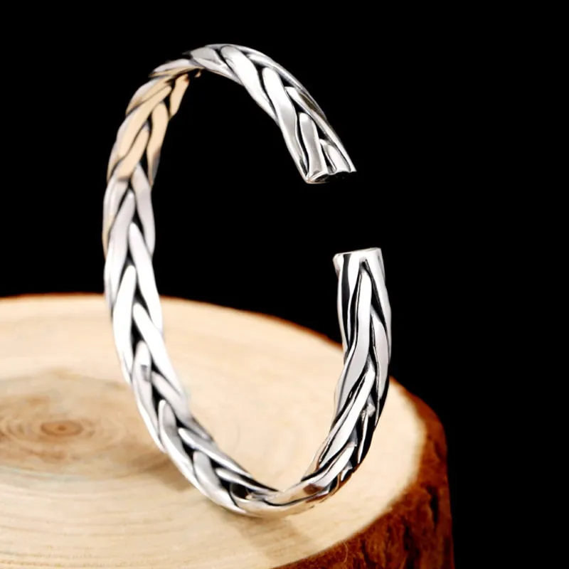 Braided 999 Genuine Silver Retro Open Cuff Bracelet