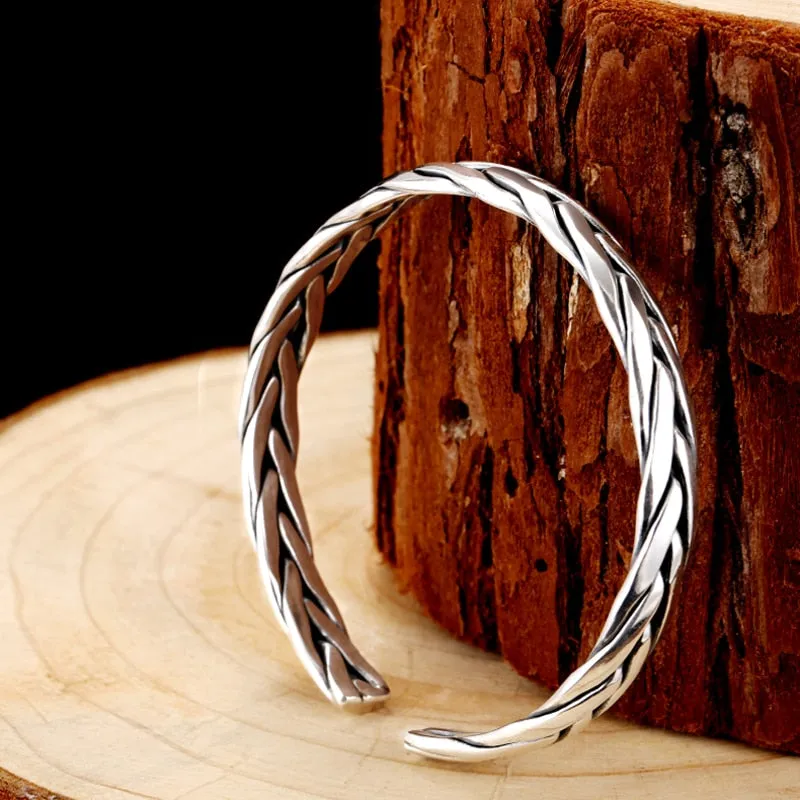 Braided 999 Genuine Silver Retro Open Cuff Bracelet