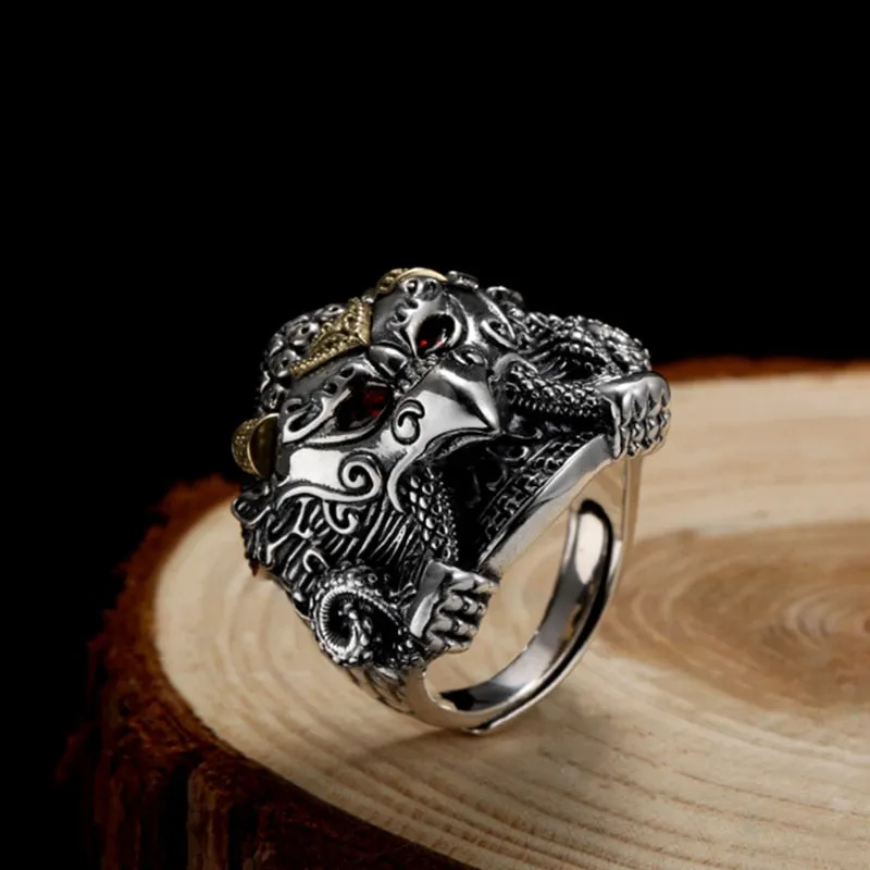 Buddha Garuda Mythical Bird Red Cubic Zirconia Eyes 925 Sterling Silver Adjustable Biker Ring