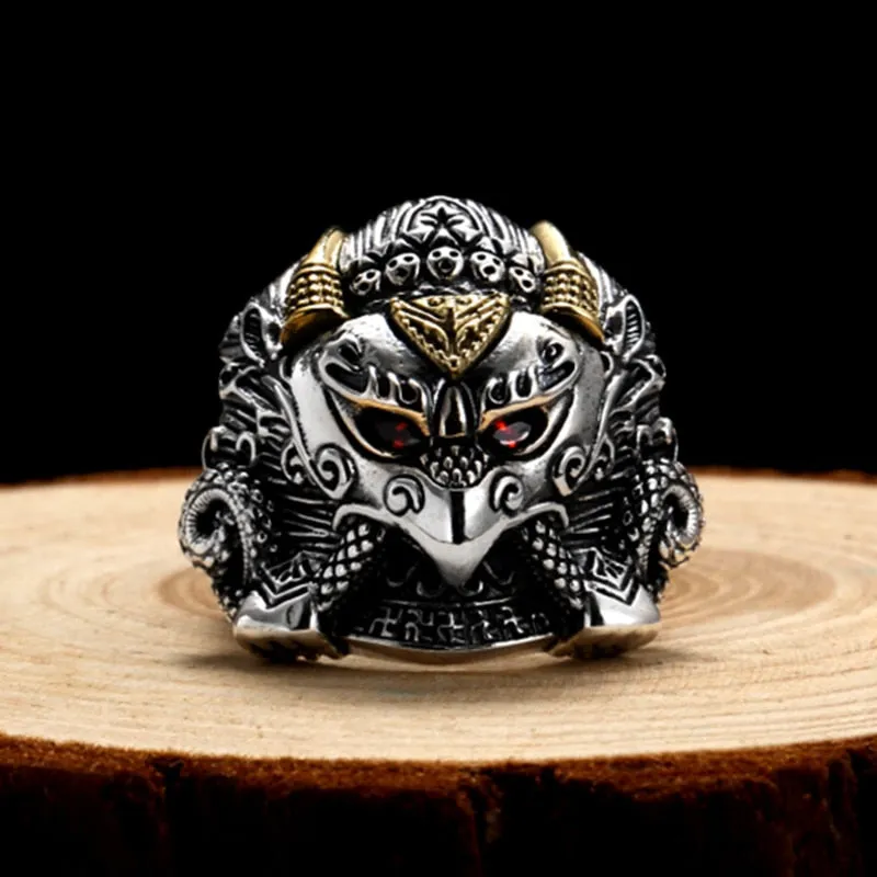 Buddha Garuda Mythical Bird Red Cubic Zirconia Eyes 925 Sterling Silver Adjustable Biker Ring