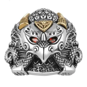 Buddha Garuda Mythical Bird Red Cubic Zirconia Eyes 925 Sterling Silver Adjustable Biker Ring