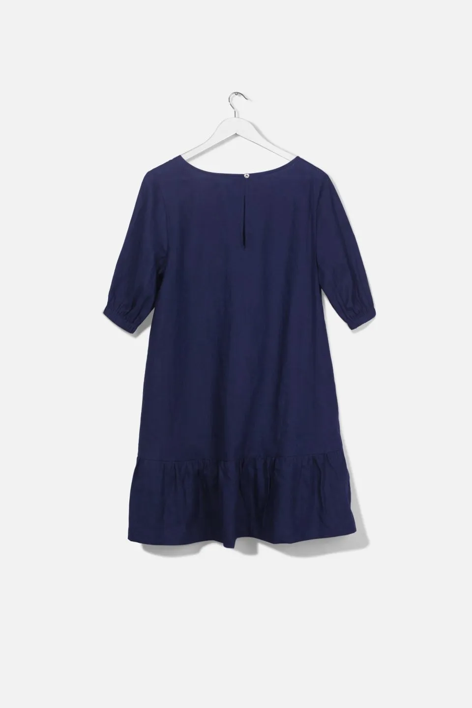 California Navy Frill Hem Puff Sleeve Linen Shift Dress