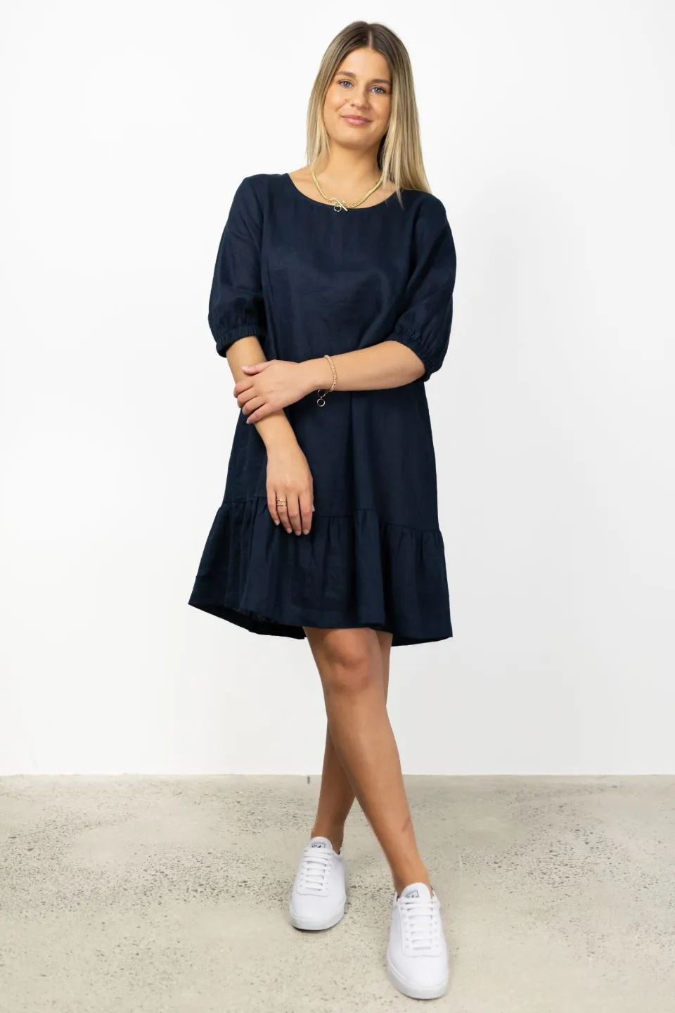 California Navy Frill Hem Puff Sleeve Linen Shift Dress