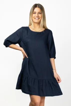 California Navy Frill Hem Puff Sleeve Linen Shift Dress