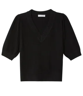 Cashmere Puff Sleeve V Neck in Black