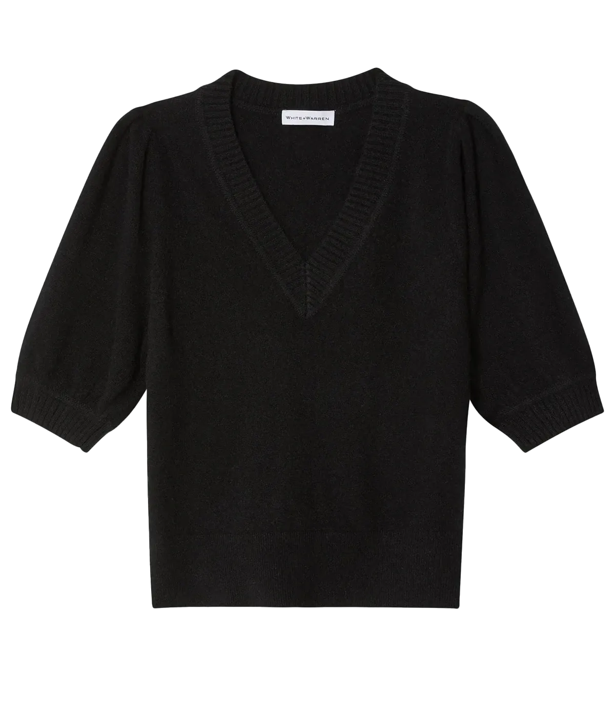 Cashmere Puff Sleeve V Neck in Black