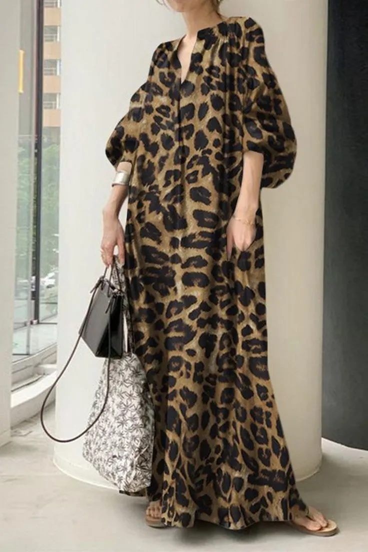 Casual Leopard Printing Shirt Collar Printed Dress Dress 2XL B-25480