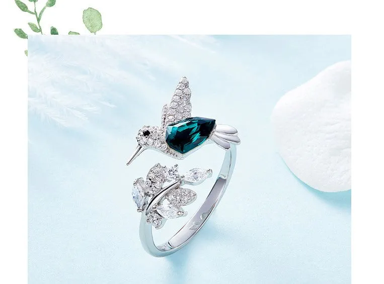 CDE 925 Sterling Silver Ring Hummingbird Swarovski Crystals Expandable Emerald Leaf Ring