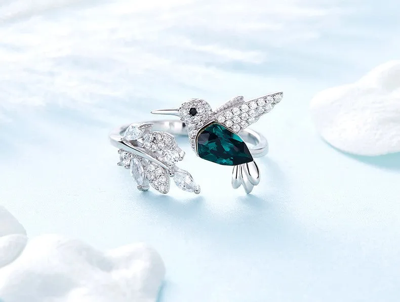 CDE 925 Sterling Silver Ring Hummingbird Swarovski Crystals Expandable Emerald Leaf Ring