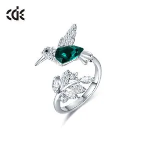 CDE 925 Sterling Silver Ring Hummingbird Swarovski Crystals Expandable Emerald Leaf Ring