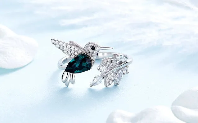 CDE 925 Sterling Silver Ring Hummingbird Swarovski Crystals Expandable Emerald Leaf Ring