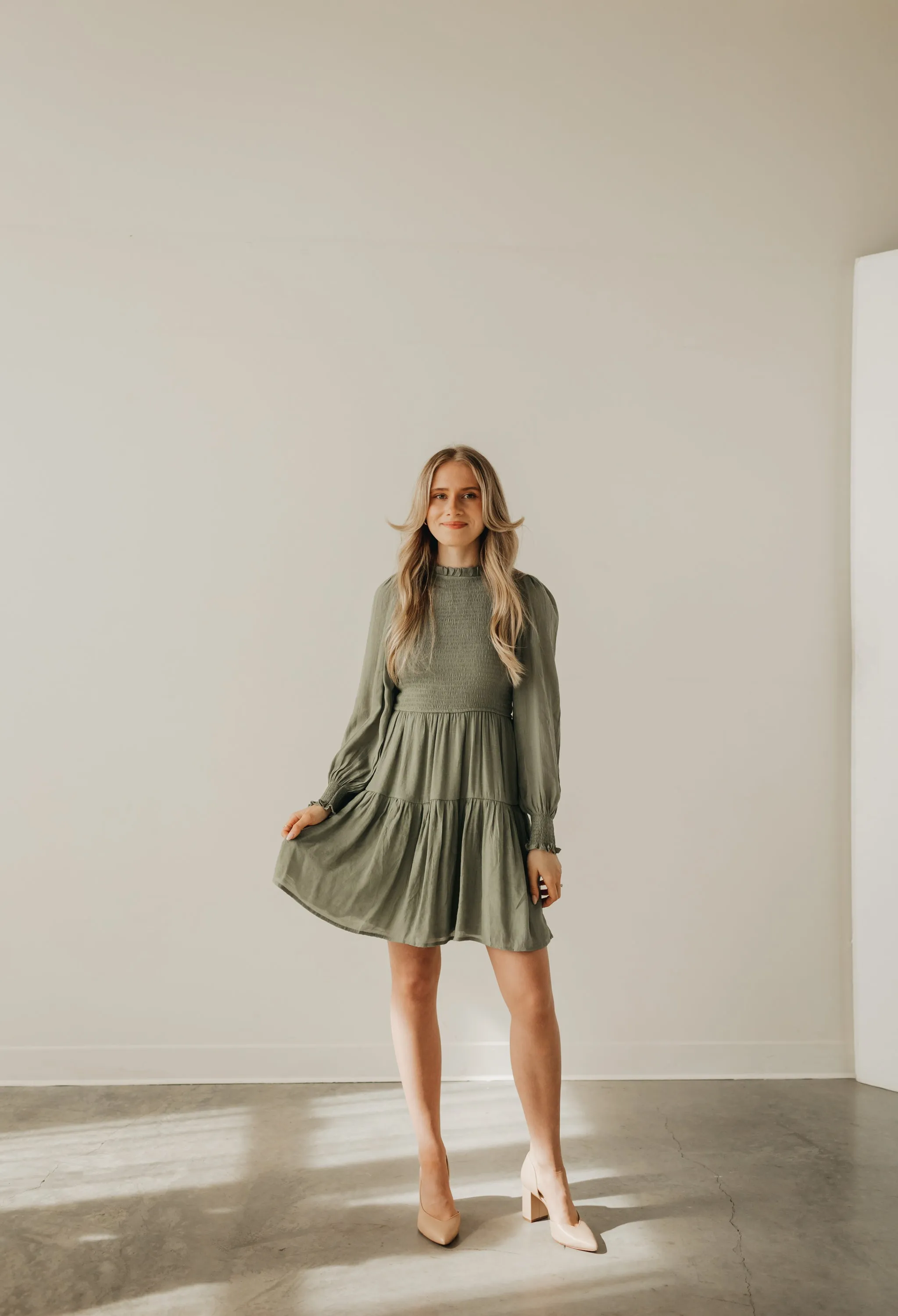 Charlotte Smocked Dress in Olive- Short Length