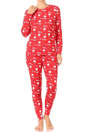 Christmas Santa Snowflakes Fleece Lined Lounge Pajama Set Pants and Shirt