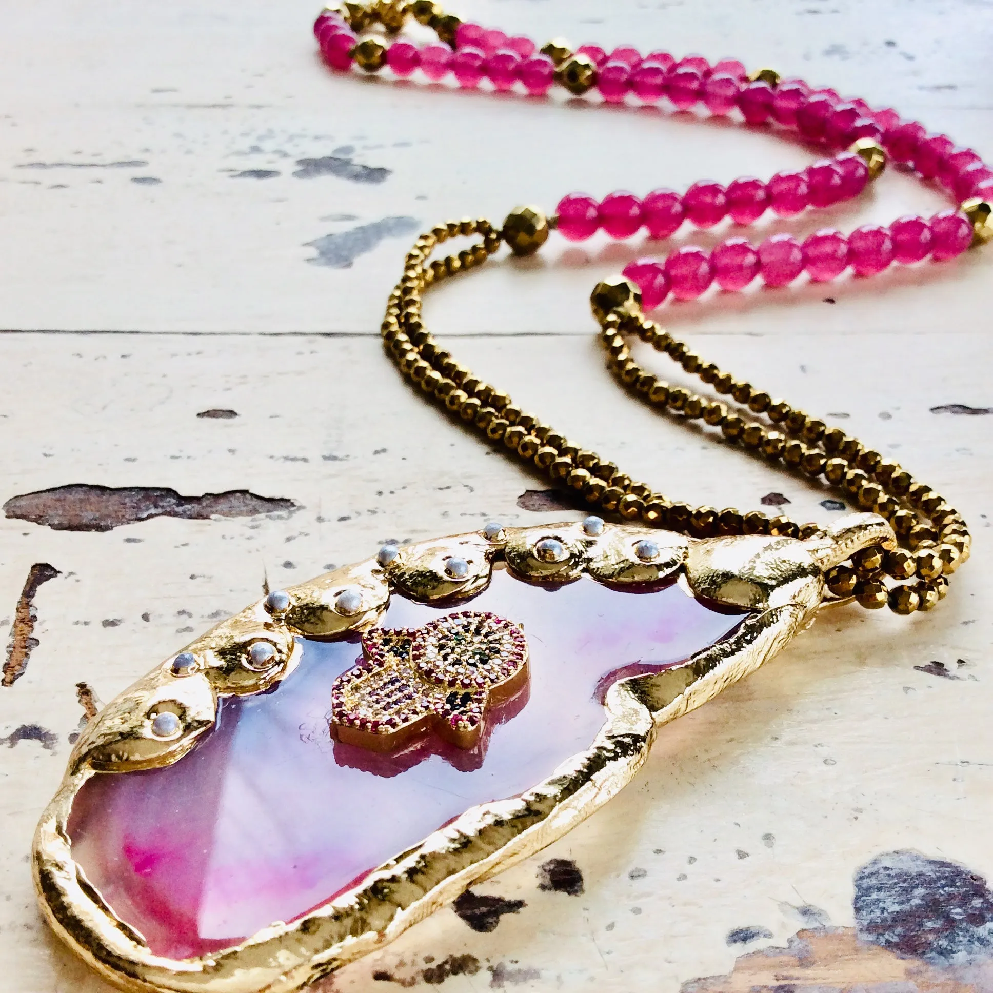 Chunky Hamsa Hot Pink Agate Pendant Necklace