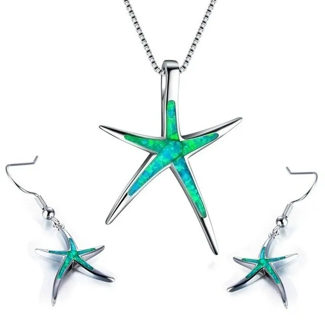 Classic Ocean Starfish Fire Opal Necklace & Earrings Trendy Wedding Jewelry Set