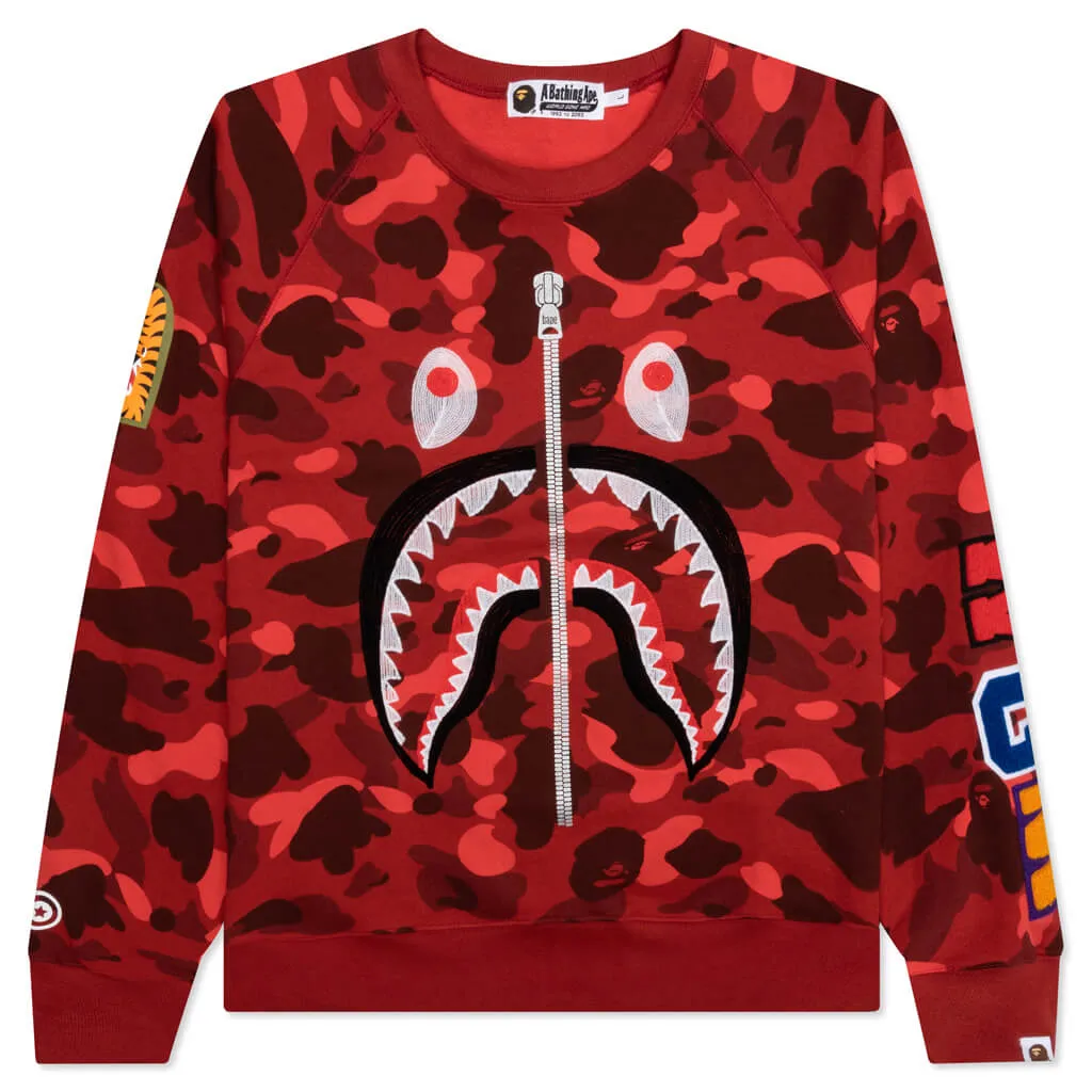 Color Camo Embroidery Shark Crewneck - Red