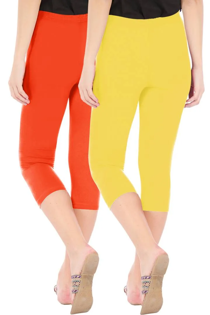 Combo Pack of 2 Skinny Fit 3/4 Capris Leggings for Women Flame Orange Lemon Yellow