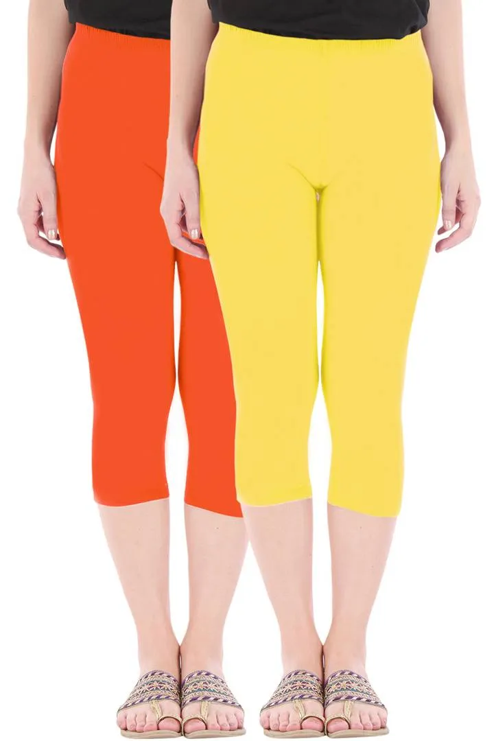 Combo Pack of 2 Skinny Fit 3/4 Capris Leggings for Women Flame Orange Lemon Yellow