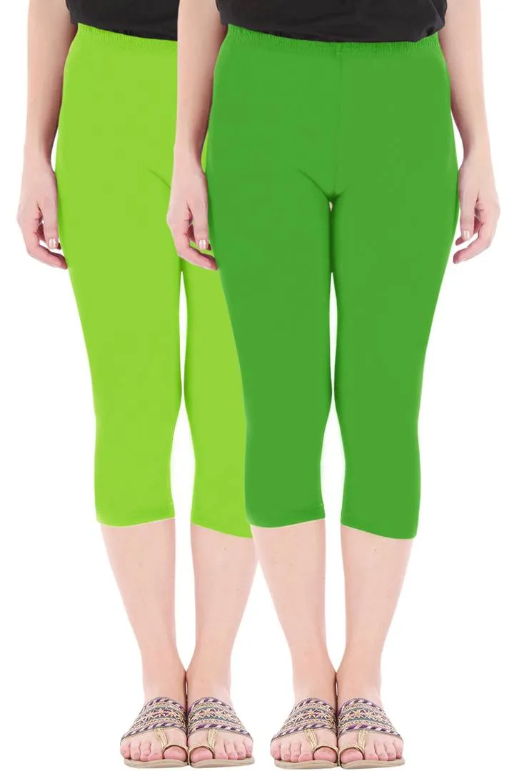 Combo Pack of 2 Skinny Fit 3/4 Capris Leggings for Women Merin Green Parrot Green