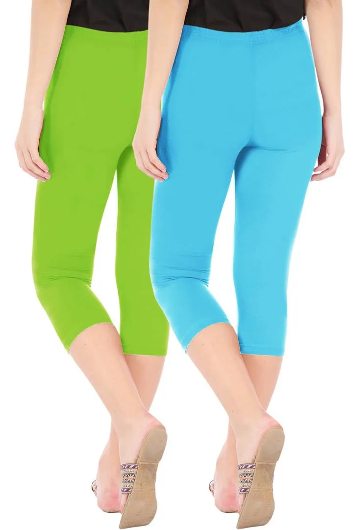 Combo Pack of 2 Skinny Fit 3/4 Capris Leggings for Women Merin Green Sky Blue